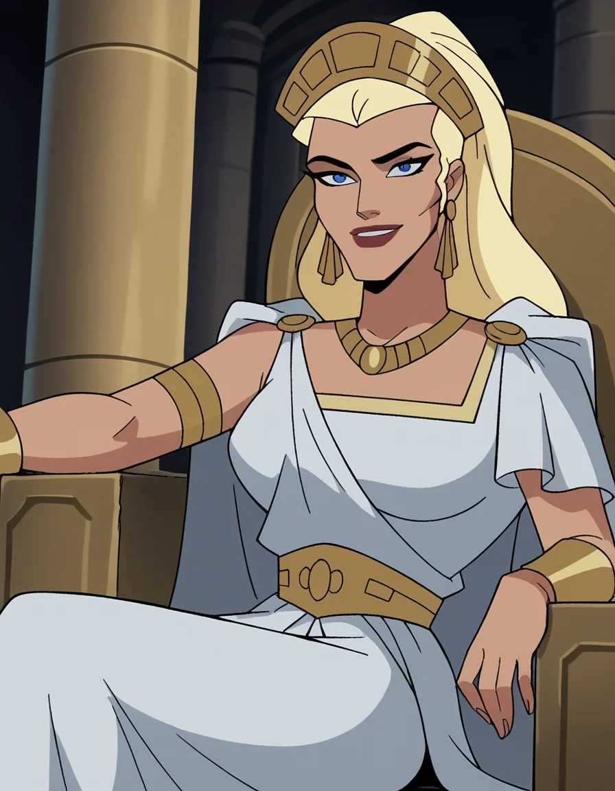 score_9, score_8_up, score_7_up, source_anime,
hippolyta, <lora:hippolyta-dcau-ponyxl-lora-nochekaiser:1>,
hippolyta, long hair, blue eyes, blonde hair, makeup, lipstick,
dress, jewelry, earrings, cape, white dress, necklace, crown, tiara,
indoors, throne, sitting, smile,
cowboy shot, looking at viewer, solo, dutch angle,