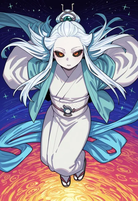 lazypos, absurdres,very aesthetic,sharp detail,intricate detail,
official art,artist:yukataro,artist:sparrowl,norakura \(nr kura\),jonpei,(zyugoya, fir3born, naga u:0.5),ireading,(krekkov:0.5),fujimoto tatsuki \(style\),
( Full body portrait, b41suzhensmt , white hair, long hair, black sclera, white skin, colored skin, hair ornament, white kimono, sash, wide sleeves  )
dynamic angle,looking at viewer,(three quarter view:0.2),
(from above:0.2),
(dutch angle:0),
close-up,
colorful,
