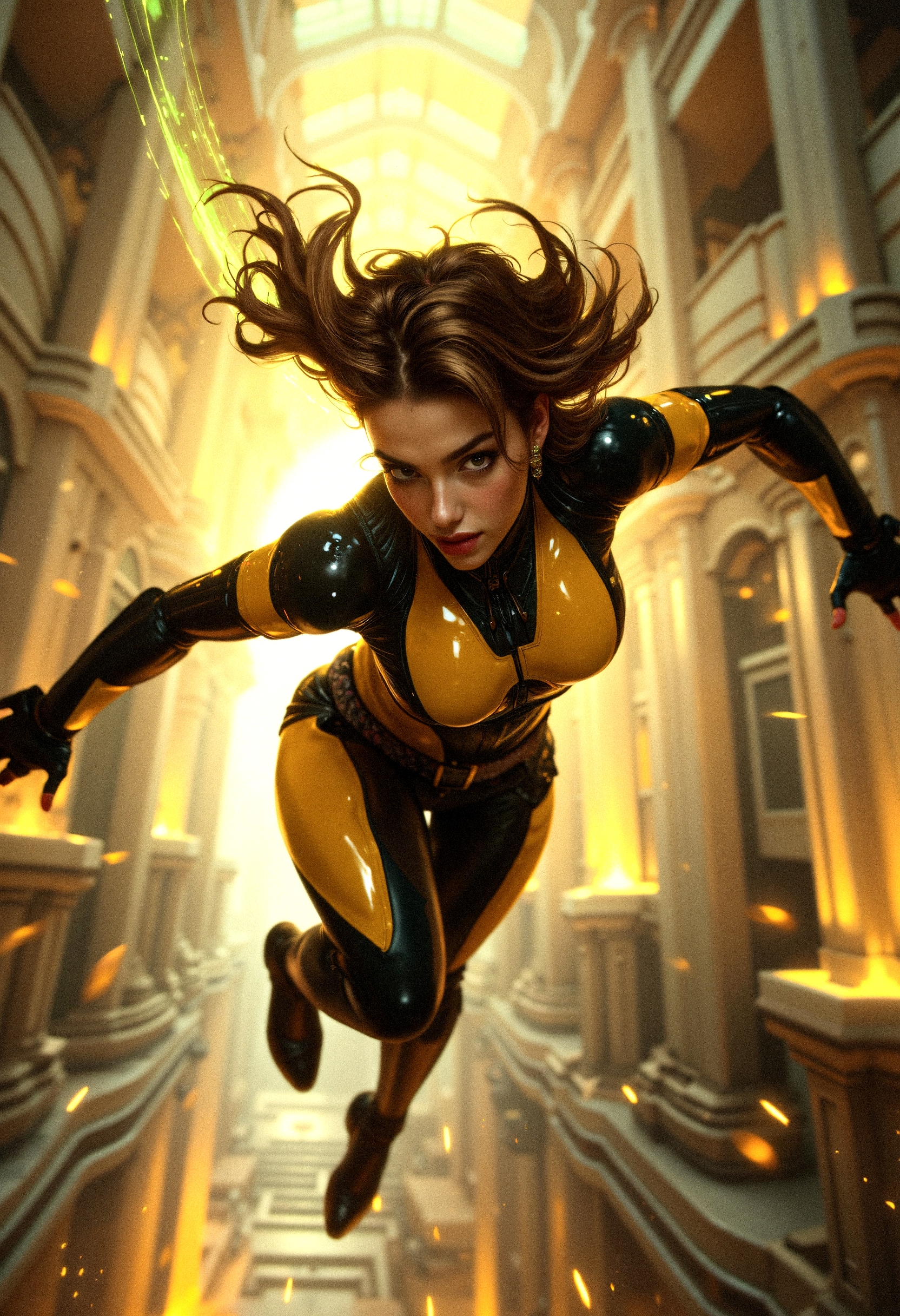 ANIMEFLUX, hyper detailed,
"A hyperrealistic action shot of a fierce female superhero mid-leap in a futuristic atrium filled with glowing golden light. Her short, sleek brown hair flows dynamically as she twists her body, her glowing green antennae leaving faint light trails in the air. Her black-and-yellow latex suit is refined with futuristic paneling, reinforced plating, and subtle glowing accents, blending elegance with functionality. Her pose conveys agility and strength, with one arm reaching forward and the other trailing behind her. The background is filled with blurred columns and archways, while sparks and floating particles enhance the sense of motion. The reflections on her suit and the dynamic lighting emphasize her power and grace in a cinematic composition."
 <lora:FluxDFaeTasticDetails:0.2> <lora:realism_lora_comfy_flux_converted:0.4> <lora:MoriiMee_Gothic_Niji_Style_FLUX:0.6>
