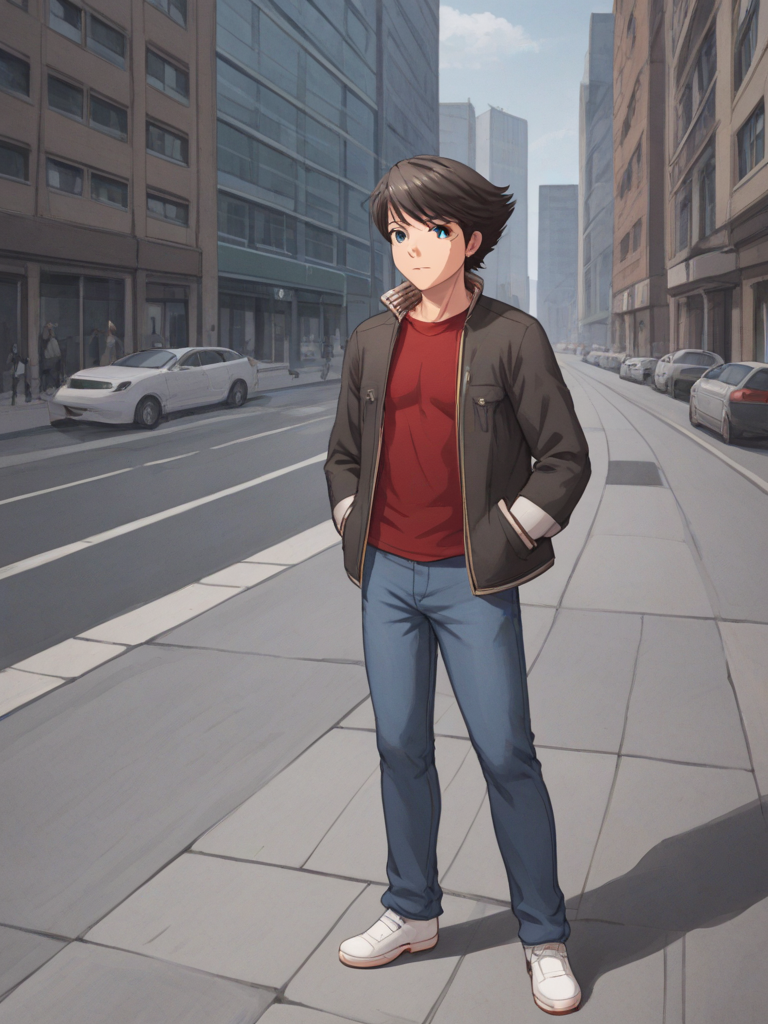 1boy, solo, ethantokiohollo, black hair, swept bangs, blue eyes, jacket, long sleeves, open jacket, popped collar, red shirt, long sleeves, brown belt, jeans, white shoes, outdoors, city, serious, hands in pockets, full body