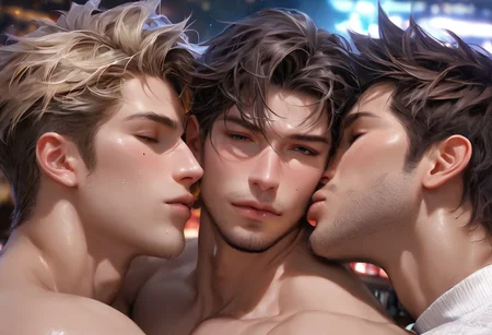 score_9, score_8_up, score_7_up, (best quality, highres:1.2), (realistic:1.2), (intricate:1.2), (detailed light:1.2), 200mm, (three boys pairs), kissing, hugs, knees, facial hair, horny, bar on background, glare and reflections, intricate details, (perfect face:2), different color skin, highres textures, Expressiveh, ((full body))