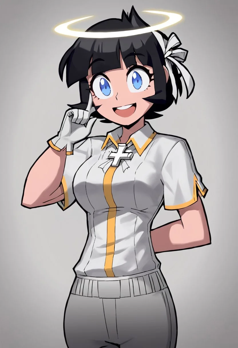 1girl, black hair, blue eyes, gloves, solo, halo, white gloves, pants, short hair, angel, shirt, arm behind back, hair ribbon, open mouth, smile, ribbon, white shirt, cross, Azazel heltaker, huge tits