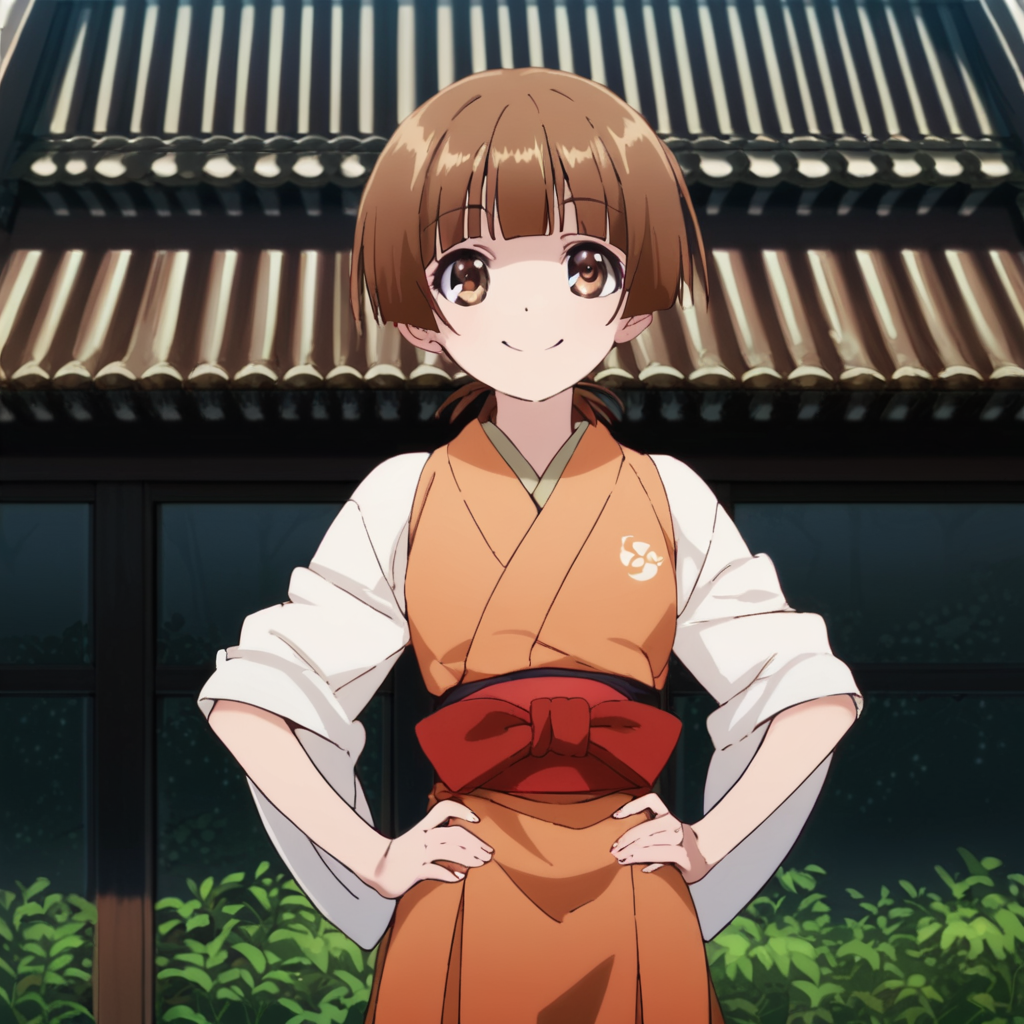 score_9, score_8_up, score_7_up, score_6_up, score_5_up, score_4_up, source_anime, , Chitose, short hair, brown hair, brown eyes, japanese clothes, , soft smile, standing, hands on hips