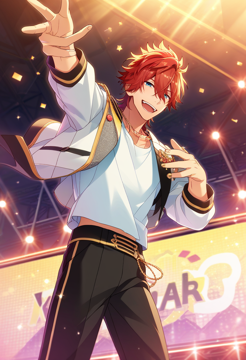 1boy, male focus,
  <lora:Amagi_Rinne_Pony__Ensemble_Stars:0.8> amagi rinne, red hair, blue eyes
((zPDXL)), score_9_up, score_8_up, score_7_up, score_6_up, score_5_up, score_4_up, best quality, amazing quality, best aesthetic, absurdres, year2023, nsfw, game cg, official art, official style,  uncensored,
singing, on stage, idol clothes, white jacket, black pants, white shirt, necklace, idol clothes, smile, cowboy shot,
