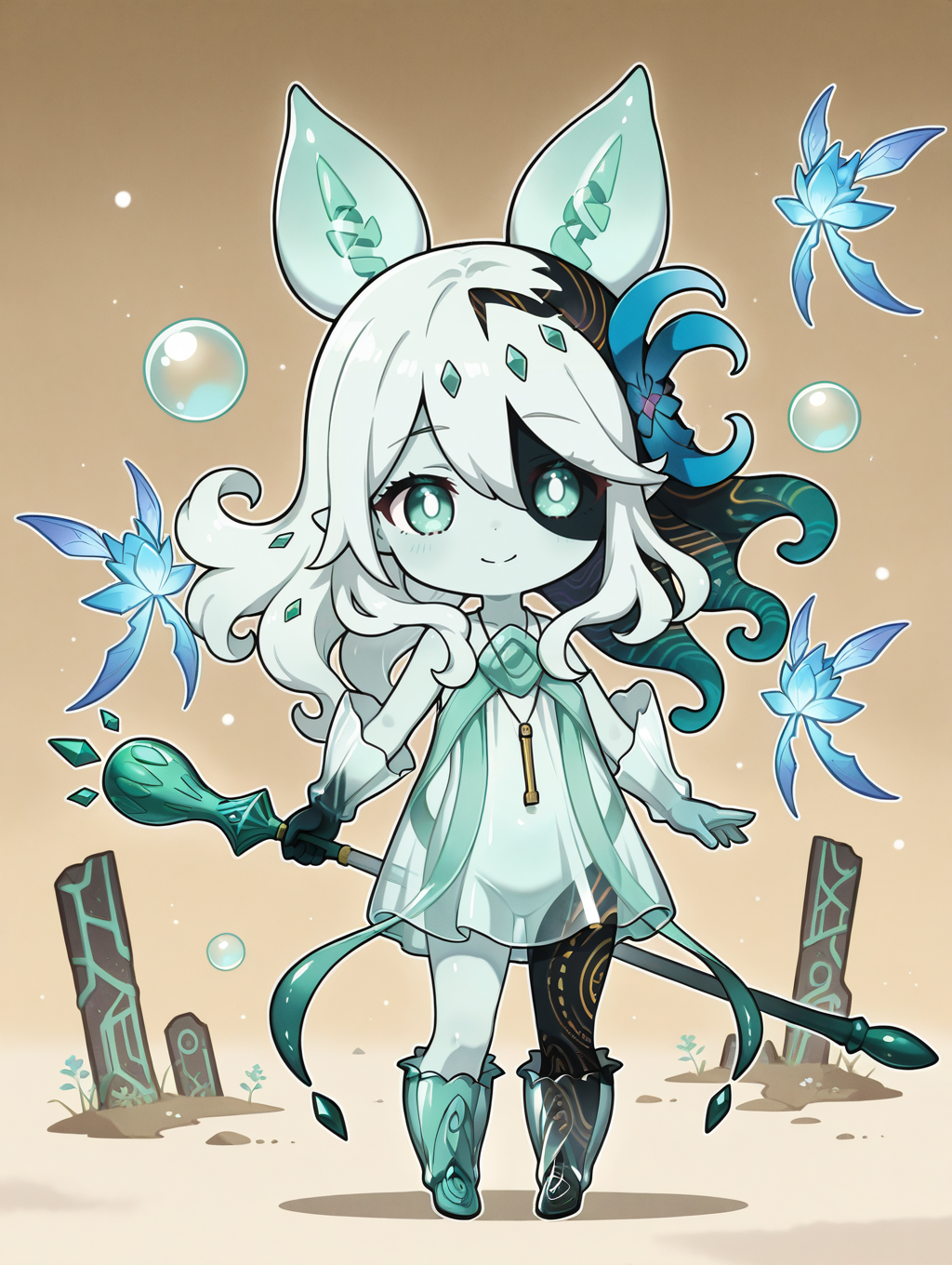 monster girl,icejade acti,1girl,solo,chibi,looking at viewer,full body,holding staff,staff,closed mouth,hair flower,green bubble,see-through body,see-through gloves,see-through dress,bubble pipe necklace,cyan fairy,see-through knee boots,heterochromia,historical ruins,smile, v
masterpiece,best quality,amazing quality,very aesthetic,absurdres,newest,<lora:Icejade Acti illuXL v1.2:0.83>,