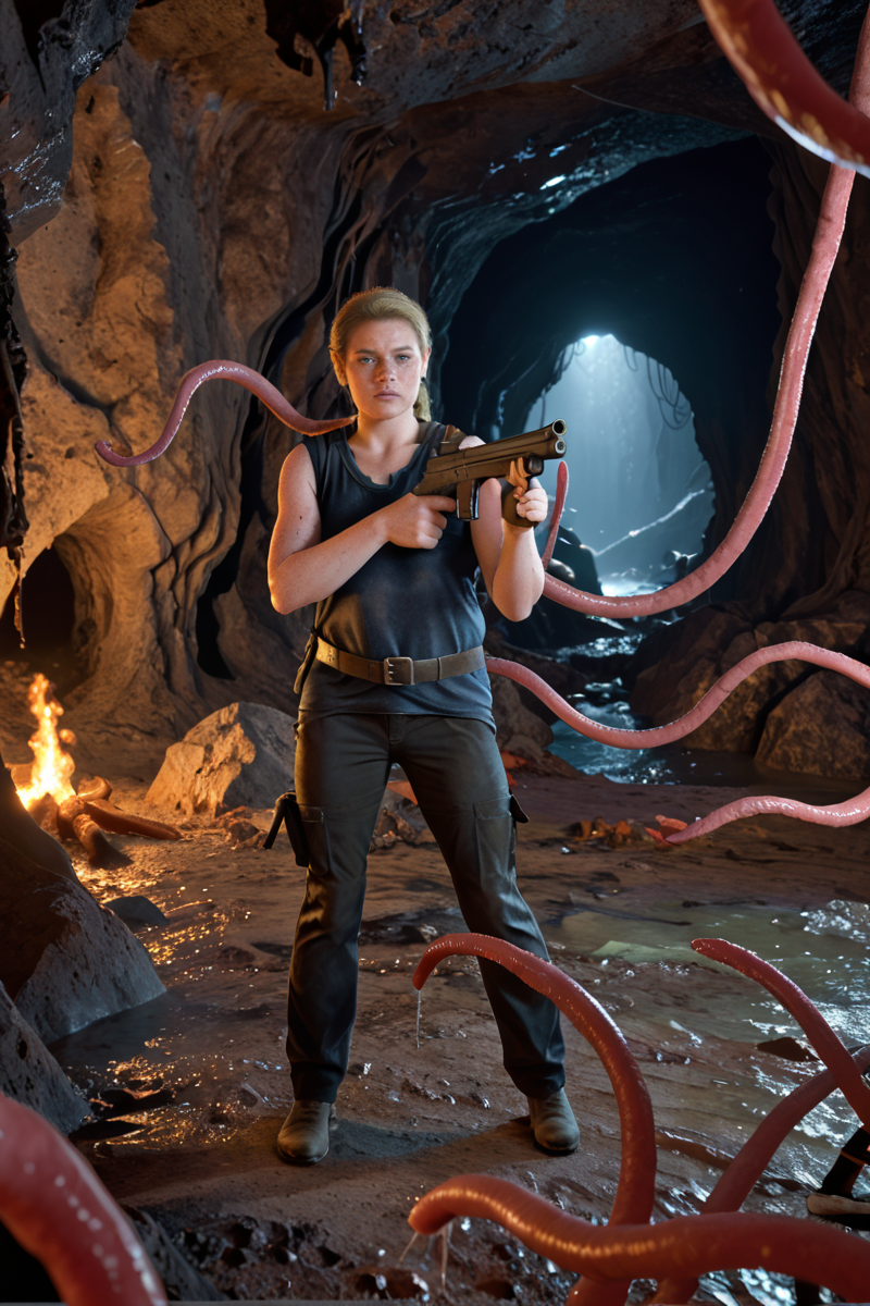 <lora:Abby_Anderson_The_last_of_us_2_101:0.75> abbyanderson101, freckles 1girl  clothes on in old cave with a gun shooting at tentacles