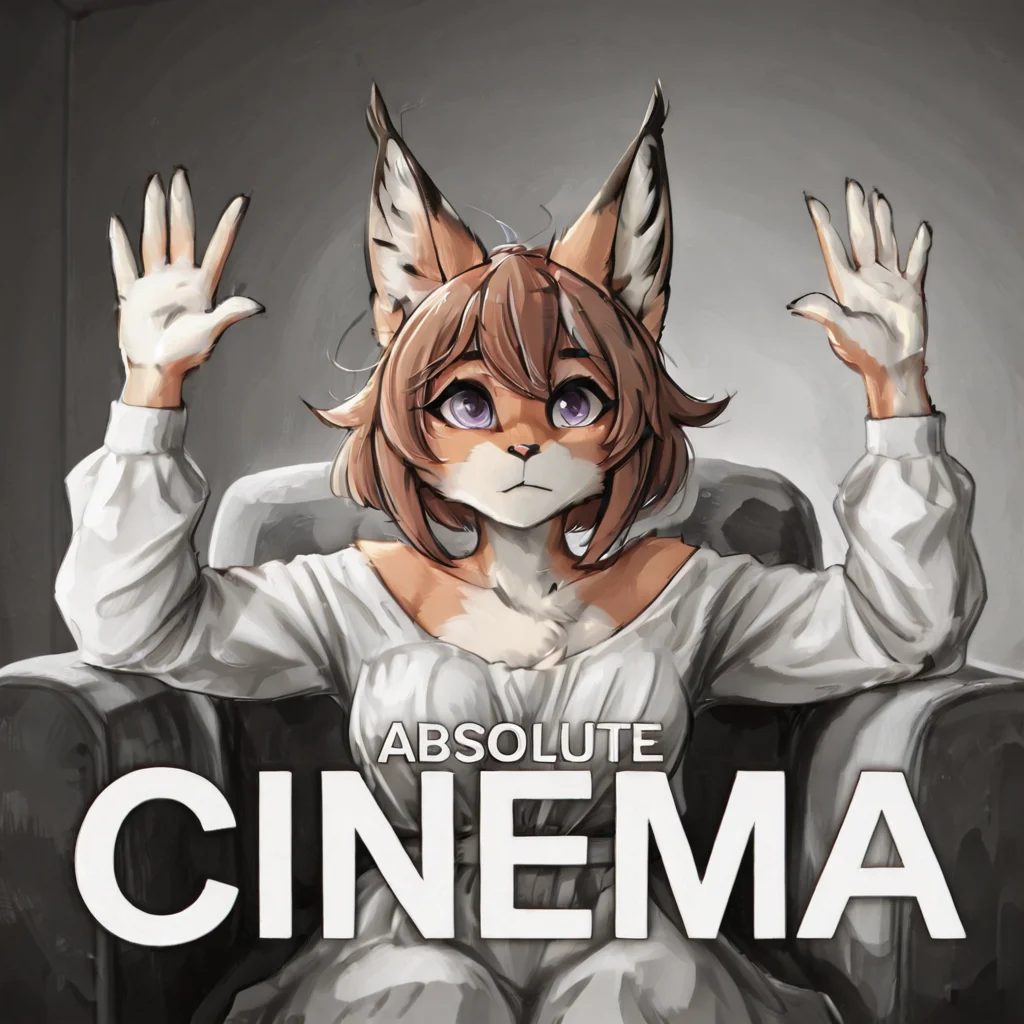 1girl, furry, anthro, feline, solo, cat girl, caracal cat, caracal girl, cat nose, brown hair, bob cut, hair flaps, wavy hair, purple eyes, megafluffy, anthro, female, full body <lora:Mega_Fluffy_IL:1>
<lora:spo_sdxl_10ep_4k-data_lora_webui:0.9> <lora:illustrious_quality_modifiers_masterpieces_v1:0.9> masterpiece, best quality, very aesthetic
<lora:Absolute_Cinema_meme__Concept_LoRA:1> absolute cinema \(meme\), solo, meme, english text, hands up, looking at viewer, sitting, upper body, closed mouth, parody, armchair, chair, monochrome, greyscale