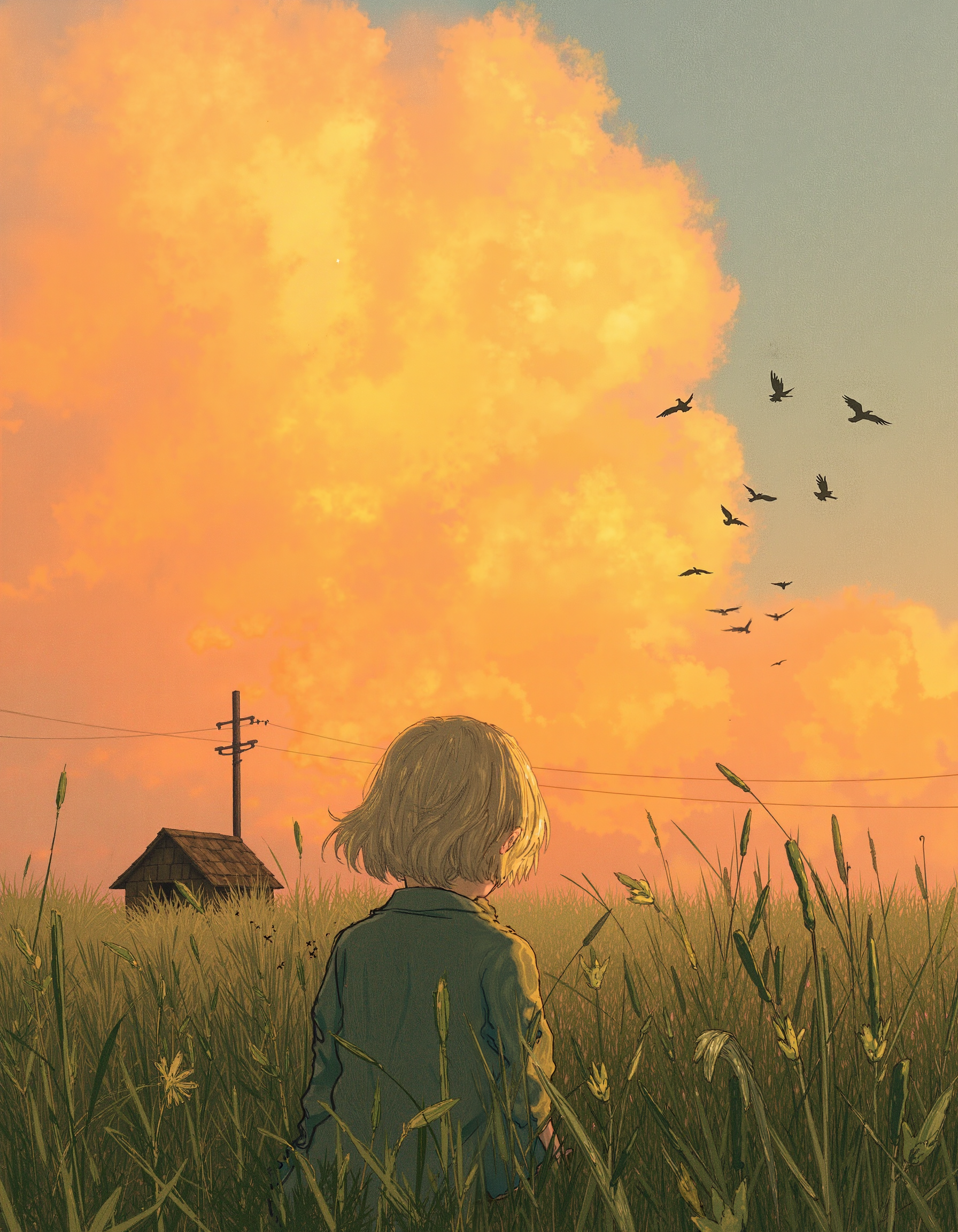 Scandinavian Style Palette, ( impressionism:1.7 ), realistic body, 1girl, sitting in grass, tall grass, a hut, from below, birds, gradient orange cloud, The painting is in the style of umesky. <lora:Grimmold:0.5> <lora:ume_sky_v2:0.8>