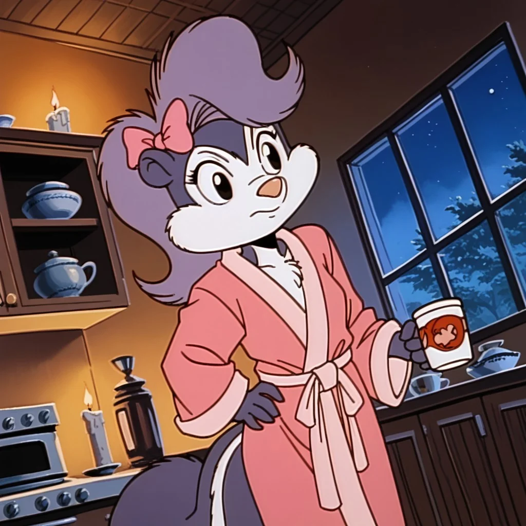 ((dutch angle)), (()), (Fifi la fume), looking to the side, candle, standing, night, kitchen, windows, one hand holding a cup coffee, hand on hip,  solo, female, [[[skunk]]], [[[ear bow]]], short stack, anthro, young, (bathrobe),  <lora:FifilafumeTMS_Version1.0:1.00> fluffy tail, <lora:90s_Retro_anime_style_Pony:1> retro anime style, golden boy anime style, score_9, score_8_up, score_7_up, score_6_up, source_furry,
detailed background,
