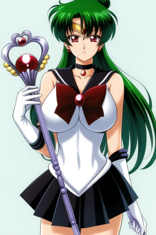 masterpiece, best_quality, highres, <lora:SetsunaMeiou:0.55>, SetsunaMeiou, green_hair, hair_bun, red_eyes, big_breasts, standing, black_sailor_collar, black_skirt, black_choker, solo, sailor_senshi_uniform, tiara, staff, holding_staff, gloves