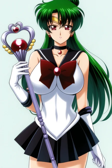 masterpiece, best_quality, highres, <lora:SetsunaMeiou:0.55>, SetsunaMeiou, green_hair, hair_bun, red_eyes, big_breasts, standing, black_sailor_collar, black_skirt, black_choker, solo, sailor_senshi_uniform, tiara, staff, holding_staff, gloves