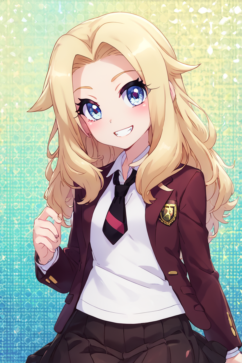 score_9, score_8_up, score_8, medium breasts, (curvy), cute, eyelashes,       ,,, , ,,, zzLss, blue eyes, blonde hair, long hair,  shirt, necktie, jacket, school uniform, white shirt, long sleeves, black necktie, collared shirt, blazer, black skirt, black pantyhose,  <lora:Lass_Pokemon_PDXL:0.8>,     ,,,, BREAK, smile, looking at viewer, cowboy shot, ,,, embedding:zPDXL, Expressiveh, ,,, <lora:PrismaIllya_PDXL_v3:1.0>, <lora:SDXLFaeTastic2400:0.5>, <lora:Expressive_H-000001:0.4>,