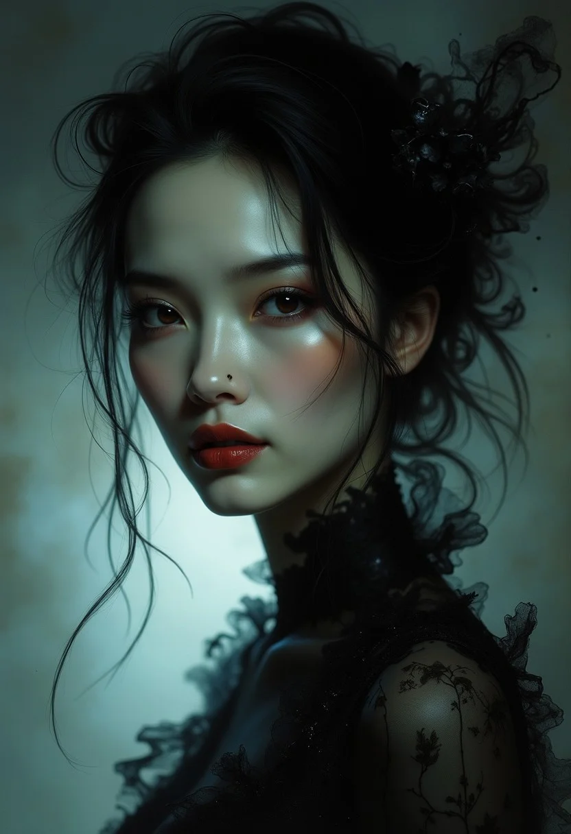 3th33r34l mystical portrait of the ghost of a Chinese woman, thin, ethereal, elegant, glancing at viewer, chiascuro, silhouetted, closeup of face