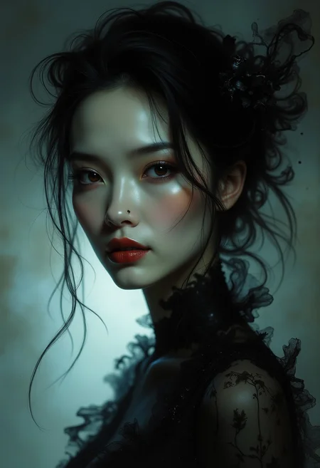 3th33r34l mystical portrait of the ghost of a Chinese woman, thin, ethereal, elegant, glancing at viewer, chiascuro, silhouetted, closeup of face