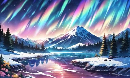 masterpiece, best quality, high quality, intricate, absurdres, very aesthetic,
no humans,
landscape, outdoors, nature, night,
mountain tops, snowy mountain, rocky mountains,
river, spring, sparkling water, mist,
lava, magma stream, volcano in background,
trees, evergreen trees, windy, visible wing, wind lines, aurora,
ultra wide angle shot, cinematic style, highly detailed, majestic, shallow depth of field, movie still, hard light, circular polarizer, colorful, wallpaper, anime