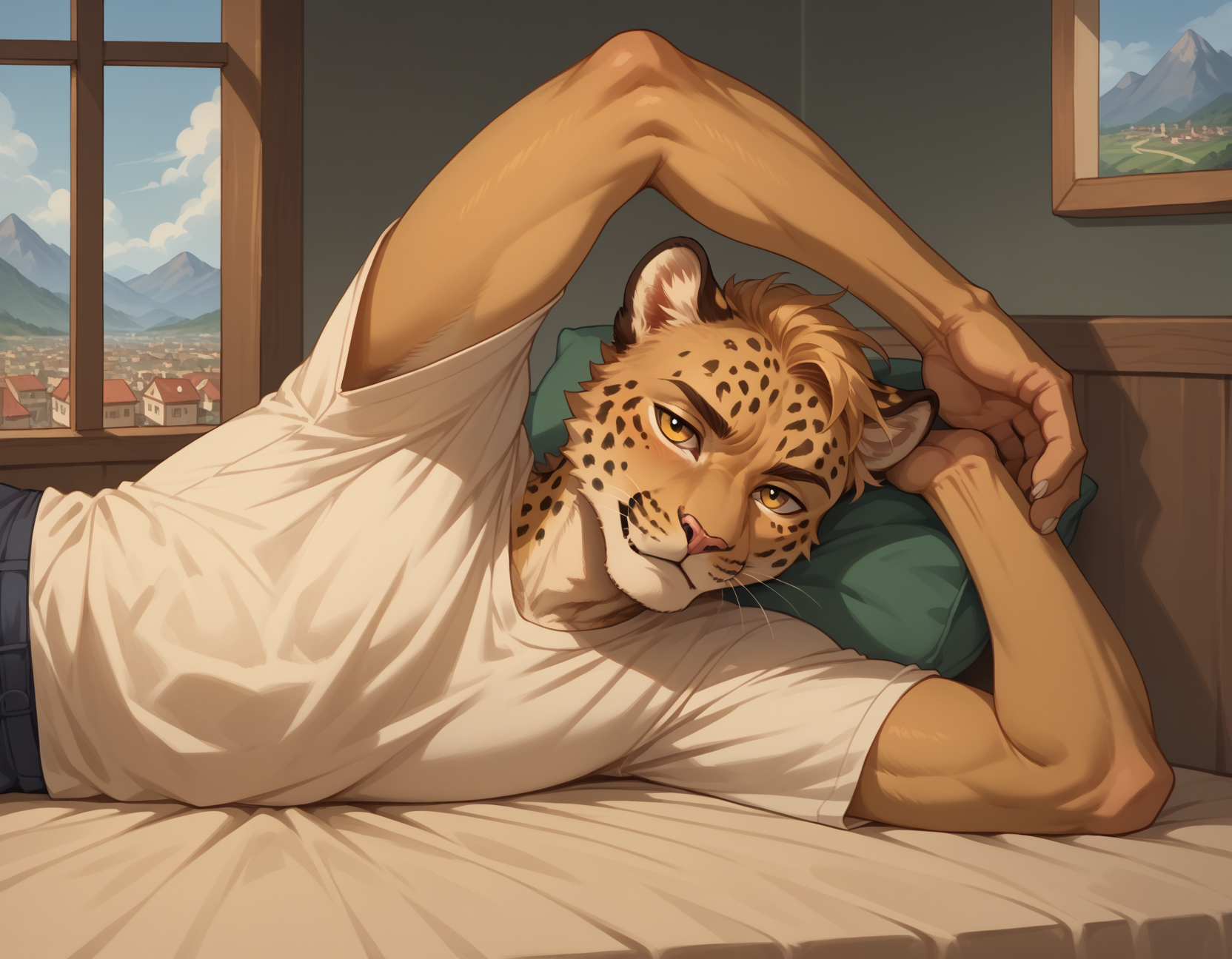 score_9, score_8_up, score_7_up, score_6_up, score_5_up, score_4_up, 1boy, furry, solo, Pop Art, content, jaguar, a picturesque village nestled in the mountains, hud_pr0ppedup, arms up, upper body, lying, on side, <lora:hud_pr0ppedup_XLP:0.7>, bed, window, cityscape