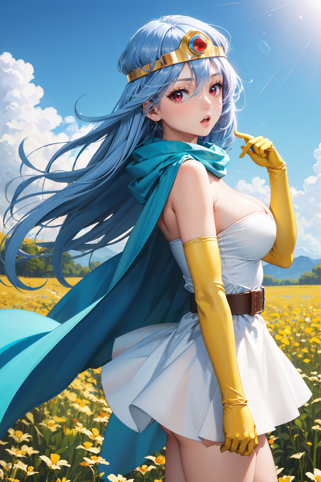 masterpiece, best quality, 1girl,  <lora:dq3sage-nvwls-v1-000009:0.9> dq3sage, aqua hair, red eyes, long hair, circlet, blue cape, cleavage, white dress, strapless, belt, elbow gloves, yellow gloves, yellow boots, (huge breasts:0.7), from side, looking at viewer, :o, hand on own chest, blue sky, field
