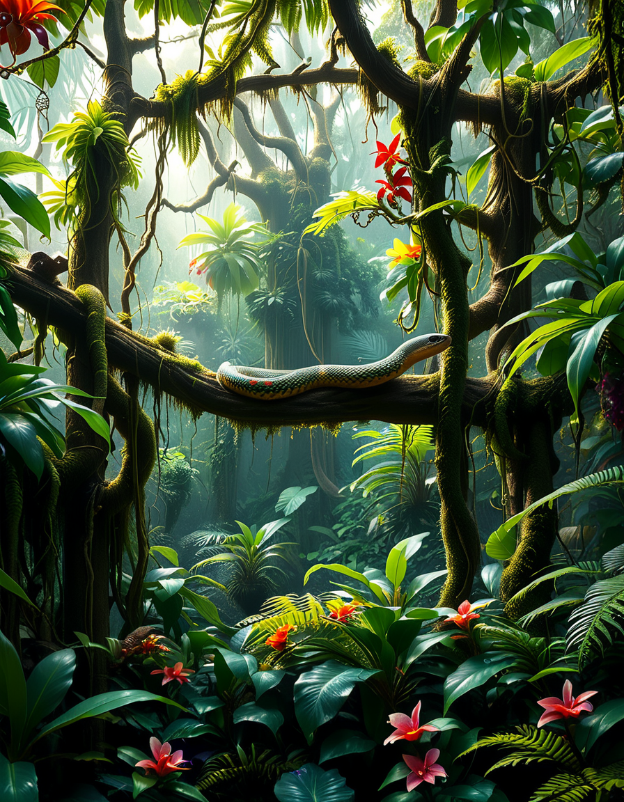A dense and vibrant jungle,jungl3, captured in a realistic photographic style, with lush green foliage of various tropical plants, tall trees covered in moss and vines, and sunlight filtering softly through the canopy above. The atmosphere feels humid and alive, with small details such as ferns, orchids, and a scattering of tropical flowers in shades of red, yellow, and purple. A narrow, winding dirt path cuts through the undergrowth, partially hidden by fallen leaves and roots. The scene feels immersive and serene, with subtle mist lingering in the distance, enhancing the sense of depth and mystery. The overall lighting is natural, with dappled sunlight creating dynamic shadows on the ground and the surrounding plants.
<lora:jungl3:1><lora:SDXLFaeTastic2400:0.4> <lora:extremely_detailed:0.4> extremely detailed, Masterpiece,best quality,hi res,8k,hi res,8k,award winning,(sharp focus, intricate, highly detailed),