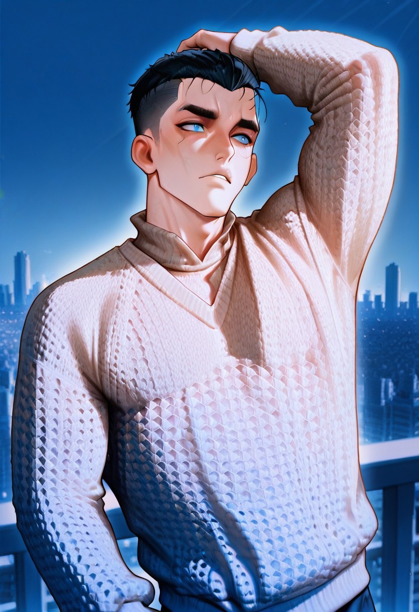 [正面+キャラ名:99],
1boy,solo,
[品質タグ:99],
masterpiece,perfect quality,best quality,amazing quality,absolutely eye-catching,
[身体特徴:99],
crew cut,manly,black hair,blue eyes,
[服装:99],
knitted shirt2,
See-through knit sweater,
[﷿ーズと解剖学的詳細:99],
[環境・背景:99],
noon,(blue sky:1.5),whit cloud,
Cityscape,
dynamic lighting,cinematic lighting, professional lighting, 
[追加の品質/スタイルタグ:99],
