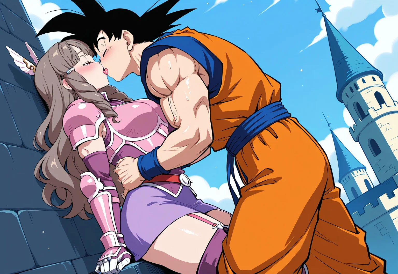 masterpiece, best quality, newest, absurdres, very aesthetic, (goku,spiked hair,1 boy,very muscular,black hair,)(sumia, brown hair, brown eyes
wing hair ornament, purple dress, short dress, belt, armored dress, pink armor, gauntlets, garter straps, thigh boots,middle large breasts),1 girl,1 boy,hetero,standing in a castle,closed eyes,french kiss,tongue kiss,pressing against a stone wall