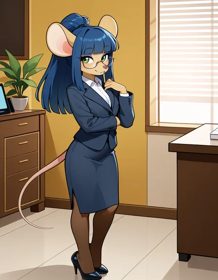 masterpiece, best quality, very aesthetic, absurdres,
indoors, office,
office lady,
full body, standing, posing,
seductive smile, parted lips, long eyelashes,
<lora:Dewey_Teagarden_v01_NAIXL:1>
D3w3y,1girl,solo,furry,furry female,mouse girl,mouse ears,long hair,blue hair,high ponytail,sidelocks,blunt bangs,green eyes,semi-rimless eyewear,snout,animal nose,body fur,yellow fur,mouse tail,