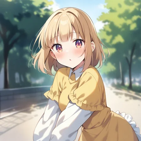1girl, iijima yun, new game!, aged up, yellow dress, frilly dress, outdoors, masterpiece, best quality, absurdres, very aesthetic