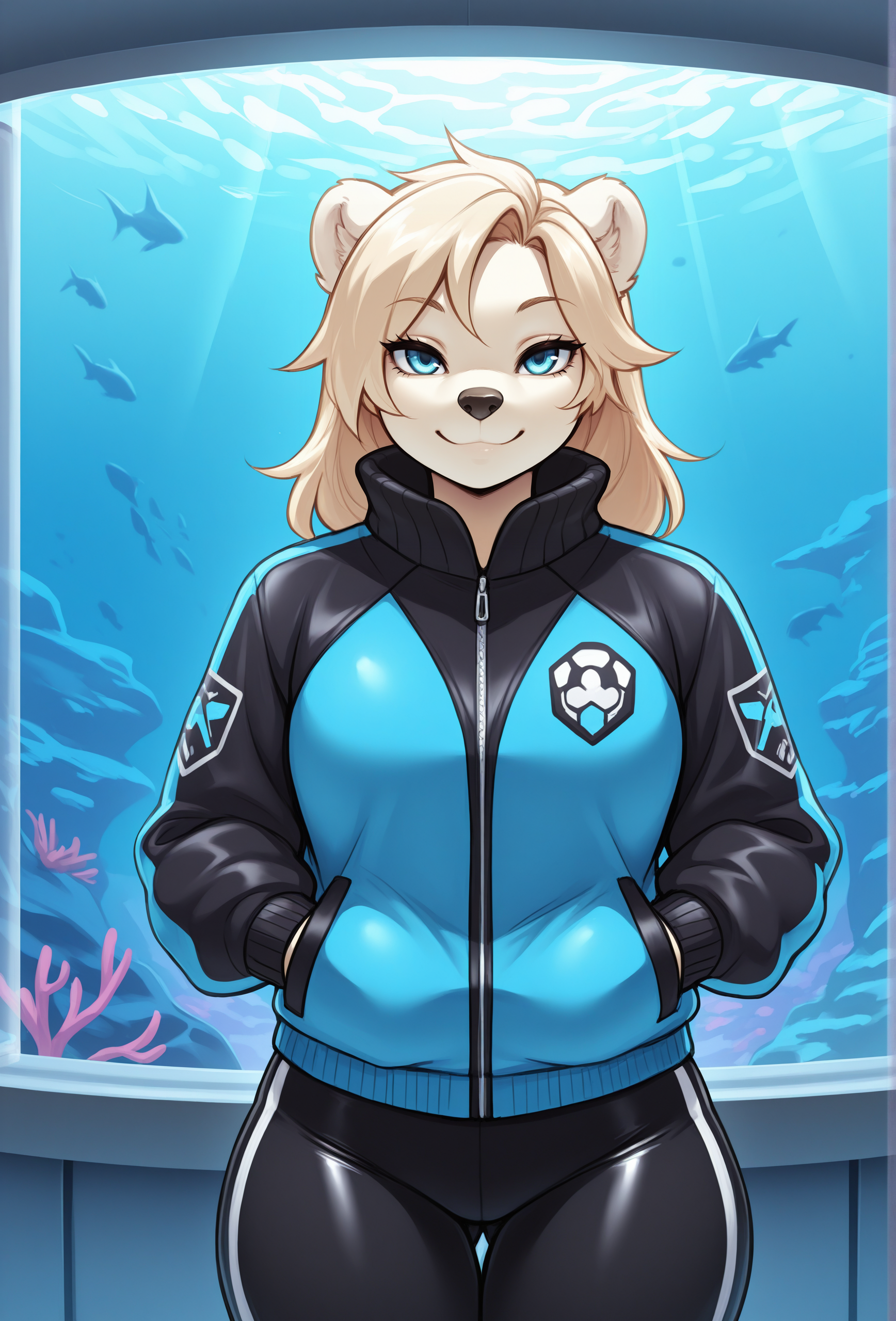 (masterpiece, best quality, very aesthetic, absurdres:1.2),  1girl, furry, science fiction, aquarium, polar bear, straight-on, jacket, looking at viewer, smile,  <lora:tokifuji_style_illustrious_v1f:1> tfujistyle