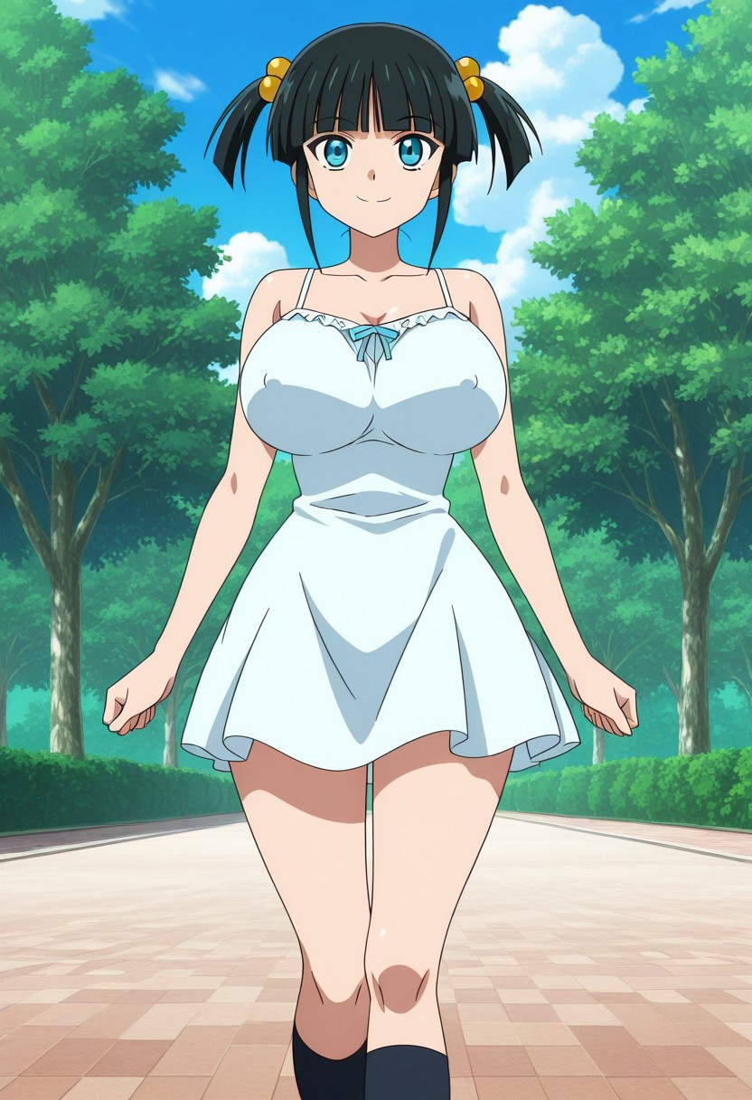finetuneanime,anime screencap, official art, detailed anime, ultra detailed anime art, anime screencap, screencap, score 9, score 8 up, score 7 up, masterpiece, anime coloring, source anime, 
BREAK
MicroBlueFullHuman, 1girl, solo, twintails, yellow hair bobbles, short hair, blunt bangs, black hair, sidelocks, deep blue eyes, fair skin, perfect female body, huge breast, curvy, wide hips, (covered nipples:0.8), white dress, kneehighs, red shoes, high heels,
BREAK
cowboy shot, standing, happy face, smiling, ((hands at back)), safe pos, dynamic pose, modern park, day, detailed background, Stable_Yogis_PDXL_Positives,