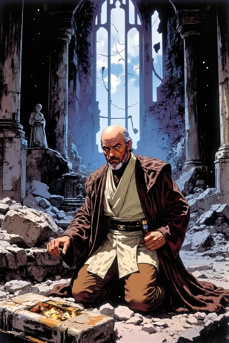 closeup portrait of Amid the ruins of a crumbling cathedral on a forgotten planet, a bald Jedi with brown eyes and beard in jedioutfit kneels before an ancient, cracked stained-glass window. The moonlight shining through the broken glass casts fragments of colored light onto the floor. Surrounding them, the faint remains of statues and fallen pillars tell the story of a once-great civilization. Their hand hovers over the surface of a long-forgotten holocron resting in the rubble, as whispers of the Force stir the dust in the air, hinting at secrets about to be unveiled.<lora:JEDIOTFIT_FLUX>, <lora:Vintage comic book:1.5>
