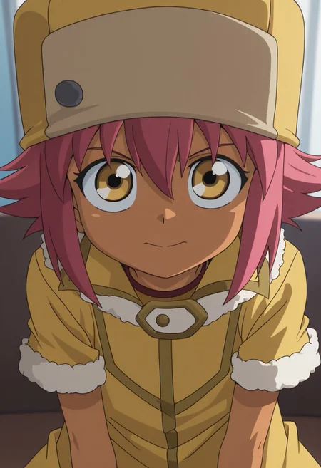 score_9,score_8_up,score_7_up,source_anime, 4k resolution <lora:anime_screencap-Illustrious:1>,anime screencap 1boy, solo, amazing quality,very aesthetic,absurdres,best quality,newest,masterpiece, 1girl, solo, child, pink hair, gold eyes, dark-skinned, cheerful, friendly, confident, very long cort, yellow coat, yellow hat with fur trim, looking at viewer, jacket, long jacket, yellow shirt, short sleeves, portrait,