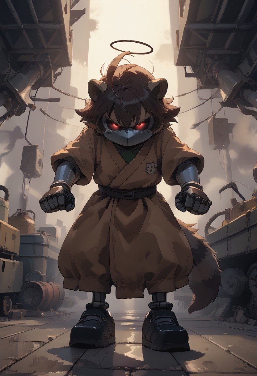 score_9, score_8_up, score_7_up, (best quality:1.1), ultra-detailed, high resolution, 8K, ((tall, 6ft tall, no mouth)), Metal Raccoon, robot, brown beige metal skin, black sclera, red pupils, pointy metal nose, gray claws, green core, black shoes, fist, battle stance, arms at sides, floating, factory, fluffy raccoon tail, BREAK outside, Rich, Detailed background, ambient light