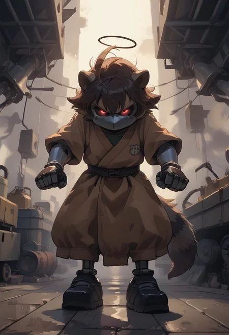 score_9, score_8_up, score_7_up, (best quality:1.1), ultra-detailed, high resolution, 8K, ((tall, 6ft tall, no mouth)), Metal Raccoon, robot, brown beige metal skin, black sclera, red pupils, pointy metal nose, gray claws, green core, black shoes, fist, battle stance, arms at sides, floating, factory, fluffy raccoon tail, BREAK outside, Rich, Detailed background, ambient light
