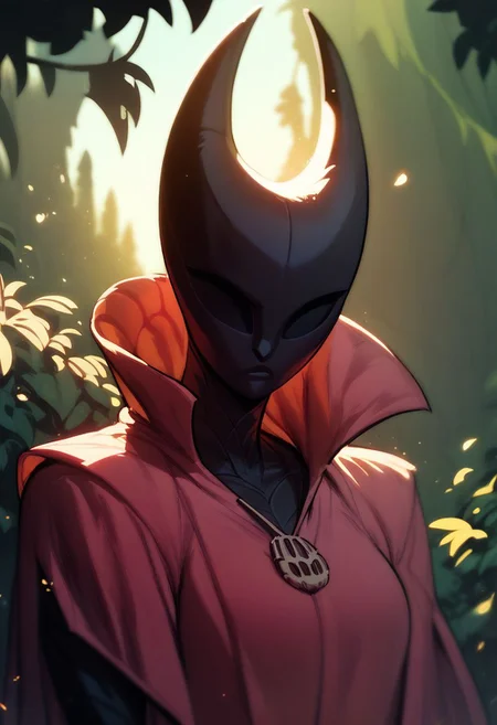 score_9, score_8_up, score_8, score_7_up, score_7, score_6_up, score_6, score_5_up, red cloak, black skin, hornet_hk, vox machine style, 1girl, female focus, solo, portrait, fantasy, forest background, (dynamic lighting:1.1) ((masterpiece))