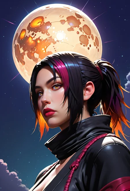 <lora:g0th1cPXL:0.5>g0th1c<lora:TradingCardsPonyXL:0.65>dsktrdcardxl,score_9, score_8_up, score_7_up, score_6_up, solo, source_comic, comic book art, fantasy art, Lenticular, dark and dim, Low Angle, (side view perspective), a woman, (ninja:1.1) woman, with gray ,metal hair, deep neon ,teal eyes, detailed eyes, with a high collar cyber (Samurai:1.1) jacket, Large linen cape ,super detailed, background is luxury amber , surrounded by a detailed spacescape with translucent dark-amber Highlights, stunning lighting, detailed, highly vibrant, detailed, masterpiece, highly detailed, high quality, score_5_up, score_4_up,