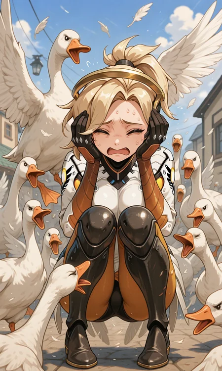 embedding:IllusP0s, goose ambush, 6+ geese, mercy_\(overwatch\), eyes closed, scared, cowering,<lora:goose ambush_illustrious.safetensors:1.0:1.0>