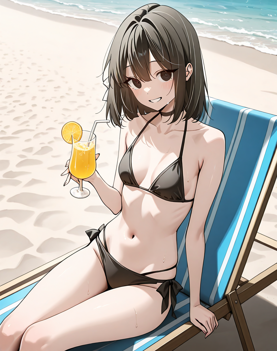 flame_blink, black eyes, black hair, short hair, 1girl, small breasts,black bikini,  BREAK outdoors, beach BREAK sit on beach chair, looking at viewer, smile, holding beverage, flirty,  BREAK masterpiece, best quality), amazing quality, absurdres, highres, newest, HDR, 8K, solo,  <lora:Flame:0.8>