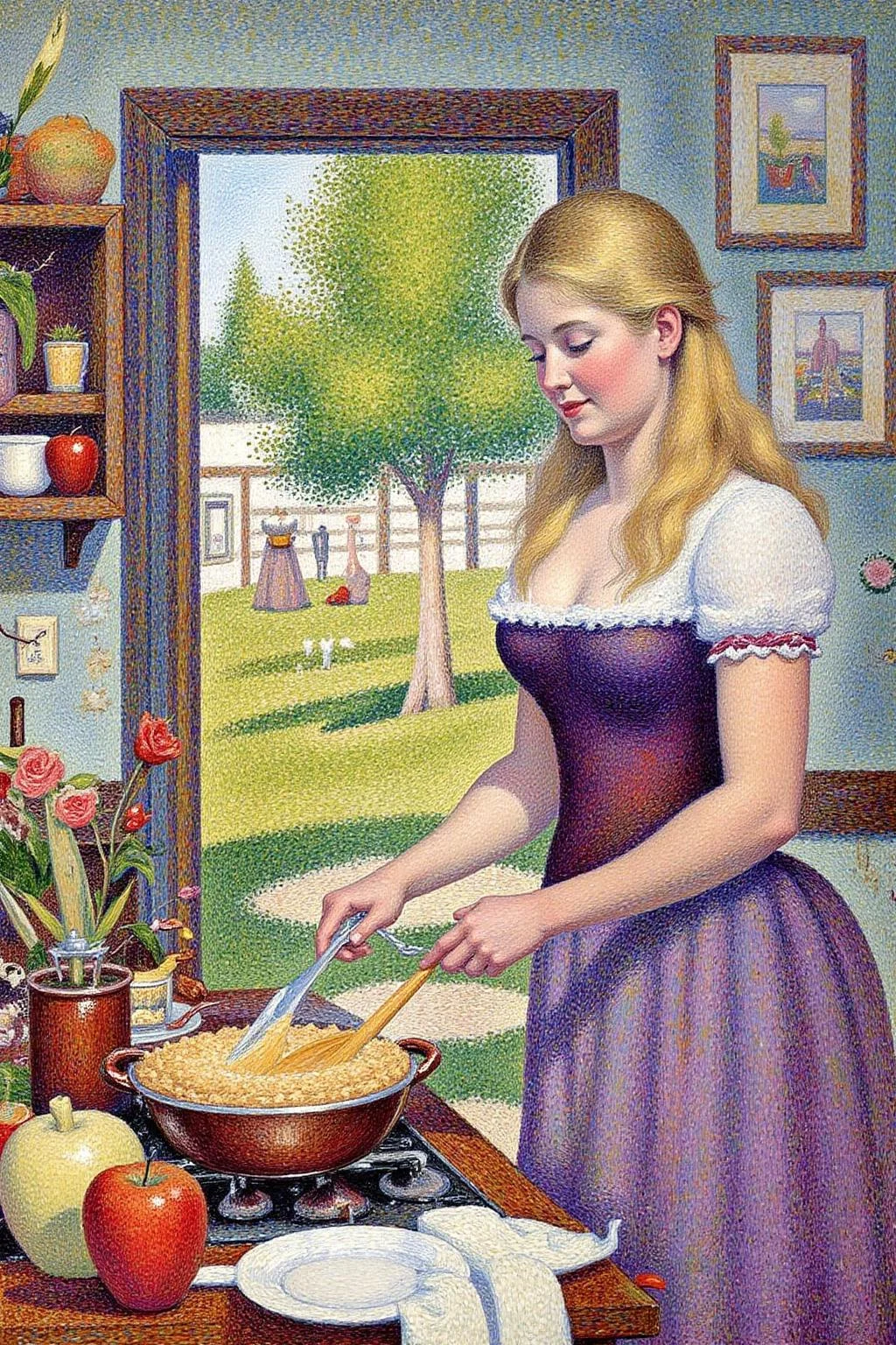 geoseu1 pointillist painting.
Blonde woman, floral dress, baking apple pie in a rustic kitchen. The door is open and we can see her garden. <lora:geoseu1_cap_d6a3e12:1.0><lora:821060643332345575:0>