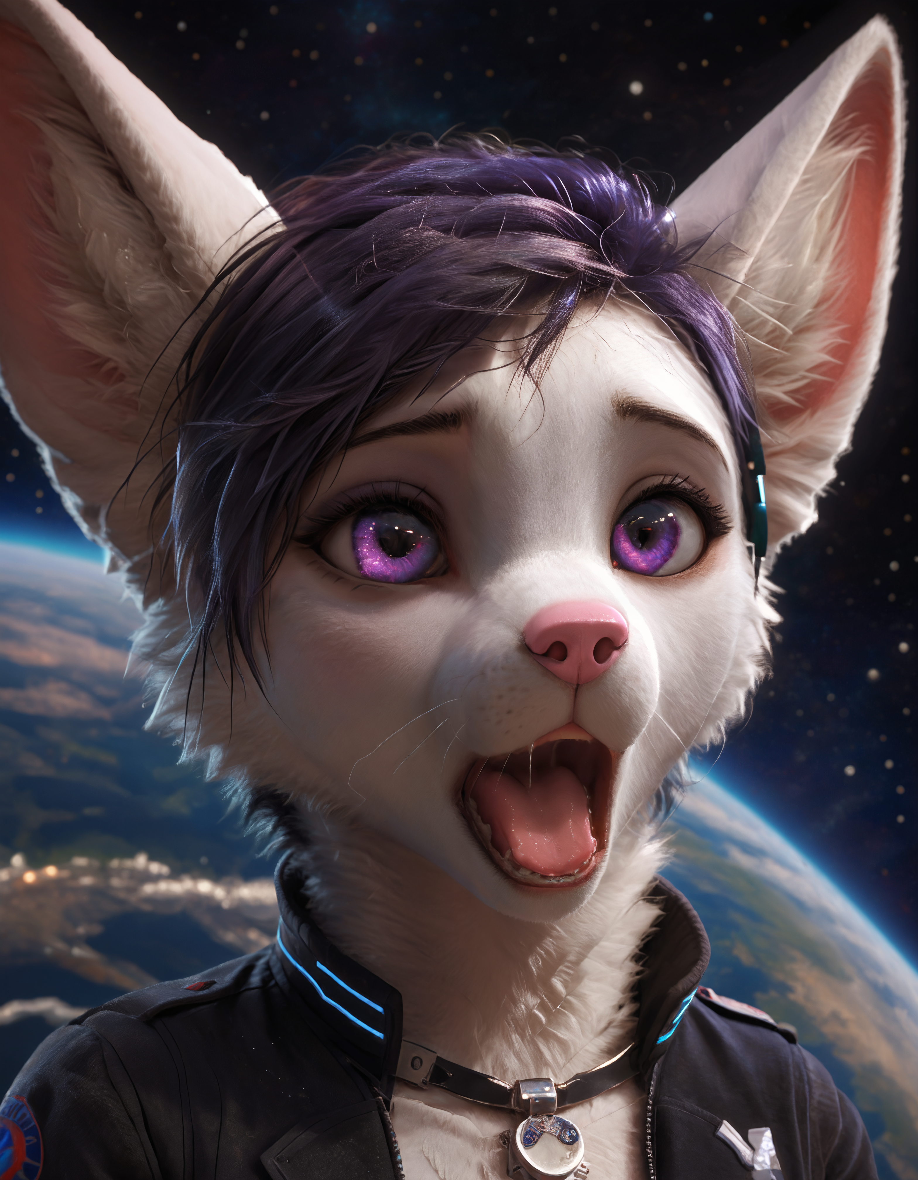 score_9, score_8_up, score_7_up, BREAK rating_safe,  detailed, cinematic lighting, hdr, particles, masterpiece, best quality, ultra realistic, 4k, 2k, film photography, RAW photo, photorealistic, analog style, subsurface scattering, photorealism, fluffy fur, detailed fur, <lora:add-detail-xl:3.0>, <lora:2.5DRealisticV2.safetensors:0.25>, <lora:sinfully_stylish_SDXL.safetensors:1.0>,  <lora:AdvancedEnhancerXLv2.safetensors:1.0>, dutch angle, (space station, the orbital station, display, detailed background:1.1), <lora:Adra_Tiddles.safetensors:0.9> adra_tiddles, anthro, 1girl, clothing, solo, furry female, furry, mammal, body fur, fur, animal ears, hi res, hair, clothed, short hair, fox, animal nose, black jacket, horny, saliva, (full face, close up:1.15), closed mouth