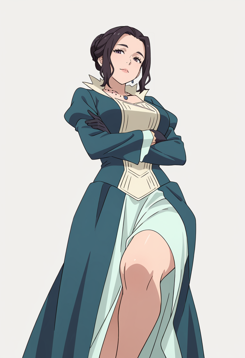 Smooth Quality,masterpiece,very intricate, high quality details, ultra realistic, high detailed skin,detailed enviorement,absurdres,
simple background, white background,
dynamic pose, arms crossed, one leg bent, confident stance, slight head tilt, relaxed hands,  ,from below,
 <lora:Blumund_Queen_cnn:0.7>blumundqueencnn,1girl, black hair, hair bun,mature female, 
long sleeves, blue dress, black gloves,jewelry, necklace,