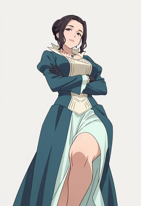 Smooth Quality,masterpiece,very intricate, high quality details, ultra realistic, high detailed skin,detailed enviorement,absurdres,
simple background, white background,
dynamic pose, arms crossed, one leg bent, confident stance, slight head tilt, relaxed hands, ,from below,
<lora:Blumund_Queen_cnn:0.7>blumundqueencnn,1girl, black hair, hair bun,mature female,
long sleeves, blue dress, black gloves,jewelry, necklace,
