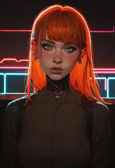 score_9, score_8_up, score_8_up, 1 girl, 1 Caucasian Ginger girl, ginger hair, freckles, ((long straight hair)), ((bangs)), piercings, choker, full body portrait, at restaurant, looking at viewer, blushing, ((cyberpunk, streetwear)), looking at viewer, blushing, average tits, teardrop shaped tits, fit body, thin waists, beautiful, neon lighting, negative_hand, g0thicPXL, GTA