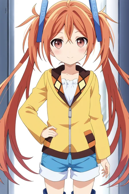 score_9, score_8_up, score_7_up, source anime, prefect lighting, very aesthetic, BREAK, anime screencap, anime coloring,
<lora:aihara_enju_v1-pony6:0.9>, 1girl, aihara enju, black bullet, orange hair, long hair, flat chest, twintails, blue hair ornament,
BREAK, looking at viewer, light smile, blush, knee boots, shorts,
BREAK,
