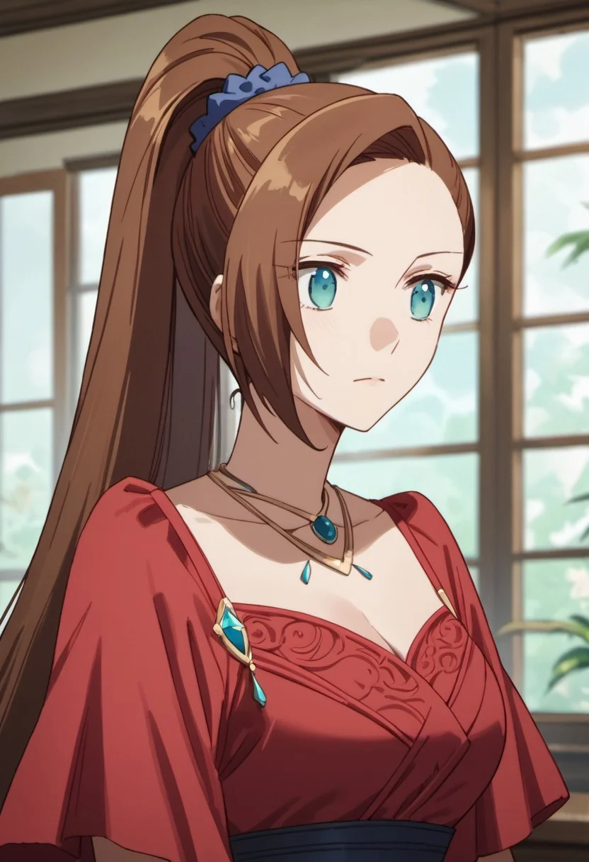 score_9, score_8_up, score_7_up, source_anime,katarina claes, brown hair, blue eyes, long hair, 1girl, solo, ponytail, anime coloring, jewelry, upper body, indoors, red dress, necklace, hair ornament, high ponytail, scrunchie
