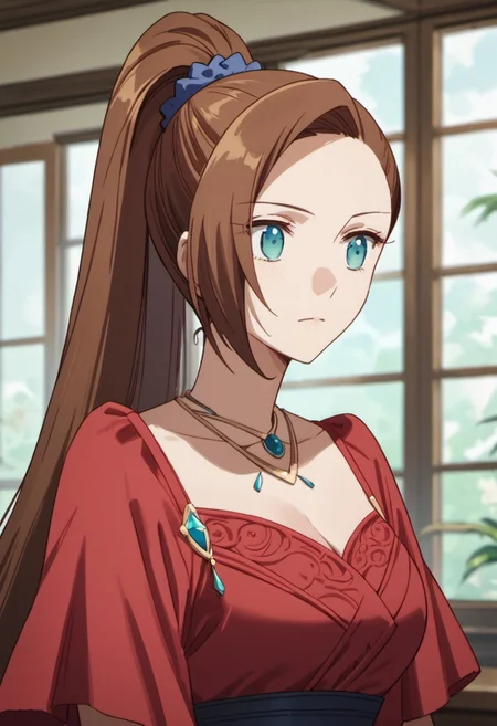 score_9, score_8_up, score_7_up, source_anime,katarina claes, brown hair, blue eyes, long hair, 1girl, solo, ponytail, anime coloring, jewelry, upper body, indoors, red dress, necklace, hair ornament, high ponytail, scrunchie