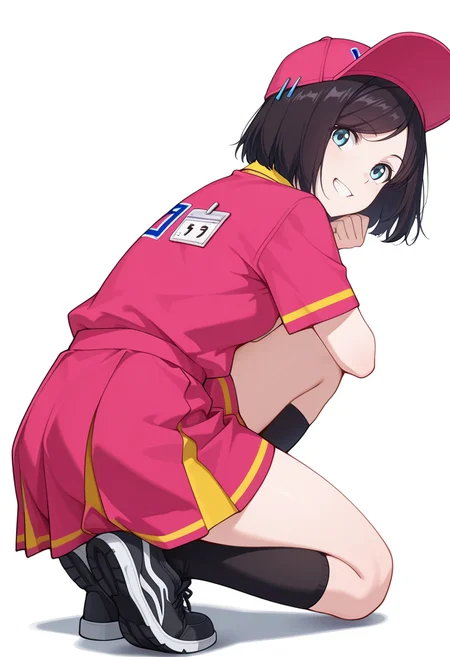 masterpiece,high quality details, absurdres,
<lora:Sara_Takahashi:0.8>
sara_cnr,1girl, black hair, bob cut, short hair, bangs, blue eyes,
sara_s1, employee uniform,pink shirt, short sleeves,skirt, hat, baseball cap, black socks,black sneakers,, simple background, white background, from behind,solo,, grin,pensive,, determined expression,one knee raised to chest,looking forward,