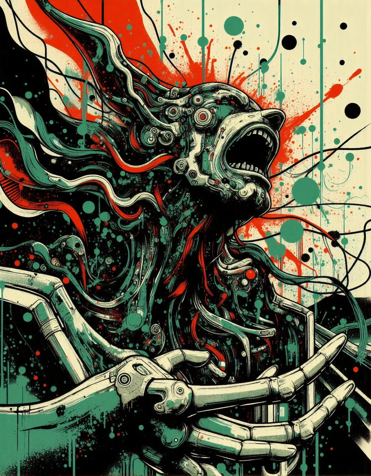 Abstract surreal composition. Chaotic, shifting forms with no clear structure, evoking raw emotion. Jagged, rough textures contrast with smooth, flowing shapes. The image feels torn between order and chaos, as if reality itself is warping. Stark black, white, red, and green tones heighten the intensity, with shadows stretching unnaturally. The scream is implied rather than shown, woven into the distortions of the scene. A visual clash of textures and shapes, unsettling yet mesmerizing.