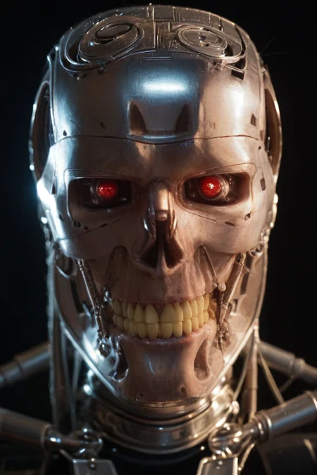T800_Endo, Terminator robot, score_9, score_8_up, score_7_up, (source_IRL, source_movie), cinematic, realistic, masterpiece, high quality, highres RAW photo, ((extreme close-up, T800_Endo Terminator Robot face focus, close-up shot, close-up head shot, front view, T800_Endo Terminator Robot face only: 1.6))
a T800_Endo Terminator Robot with red eyes, he is made of metal, he is made of shiny chrome metal, new, clean, <lora:T800_Endo_Terminator_Pony-000010:1>
(standing)
black background
dynamic lighting, highly detailed, intricate details