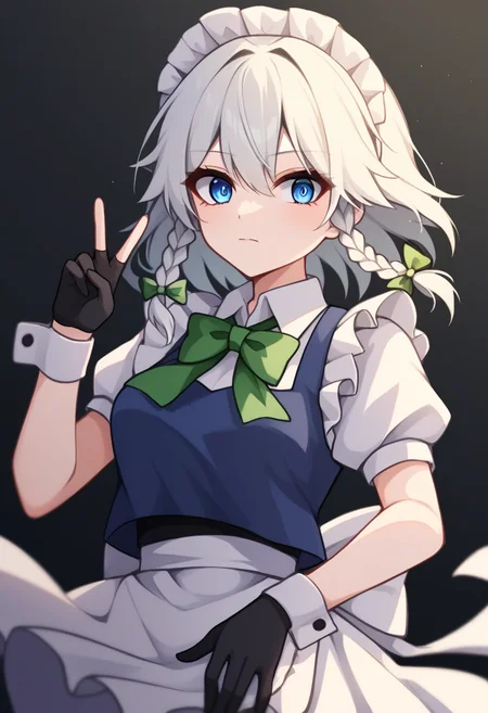 score_9,score_8_up,score_7_up,<lora:touhou_146:1>,1girl, @_@, absurdres, apron, black_background, black_gloves, blue_eyes, blue_vest, bow, bowtie, braid, closed_mouth, collared_shirt, cowboy_shot, eyelashes, gloves, green_bow, green_bowtie, hair_bow, highres, izayoi_sakuya, light_blush, looking_at_viewer, maid, maid_headdress, medium_hair, puffy_short_sleeves, puffy_sleeves, shirt, short_sleeves, solo, twin_braids, v-neck, vest, waist_apron, white_apron, white_headwear, white_shirt