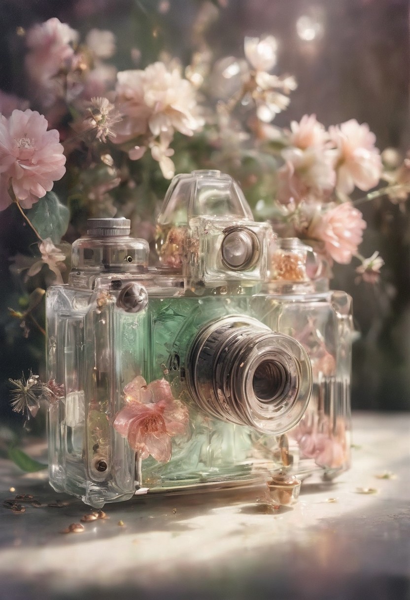 fanciful, translucent vintage camera with metallic copper and silver details, filled with an array of soft pastel flowers including hues of pink and white and green inside it, floating golden sparkles, magical touch to the composition, translucent, transparent, tranzp