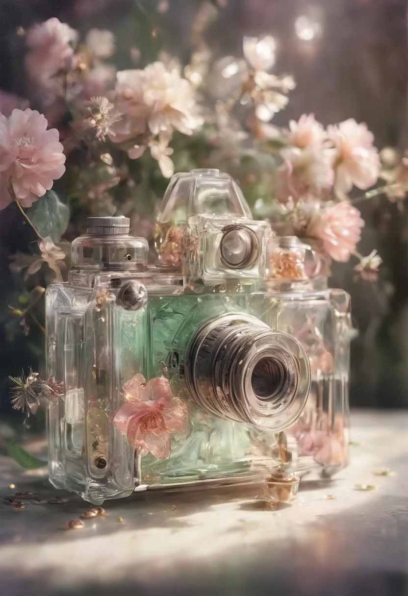 fanciful, translucent vintage camera with metallic copper and silver details, filled with an array of soft pastel flowers including hues of pink and white and green inside it, floating golden sparkles, magical touch to the composition, translucent, transparent, tranzp